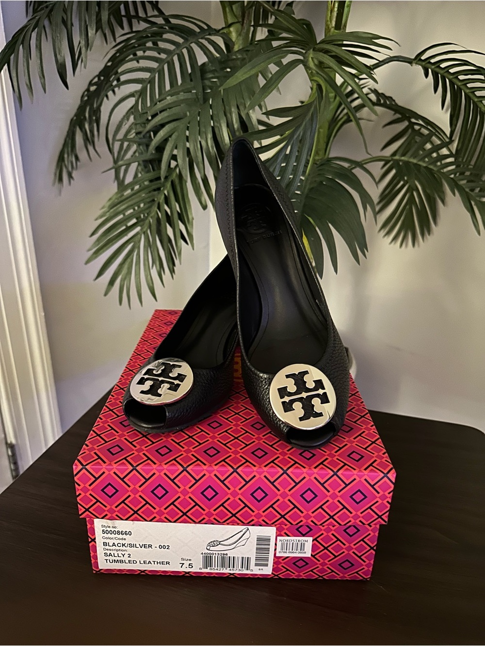 Tory Burch Black Peep-Toe Wedge leather with Silver Logo size 7.5